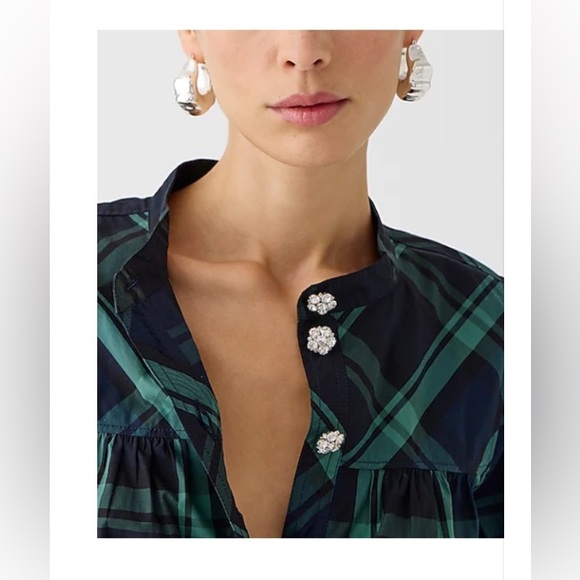 J.Crew Fresco Top With Jewel Buttons In Black Watch Tartan Plaid-NWT-MEDIUM - Picture 4 of 12